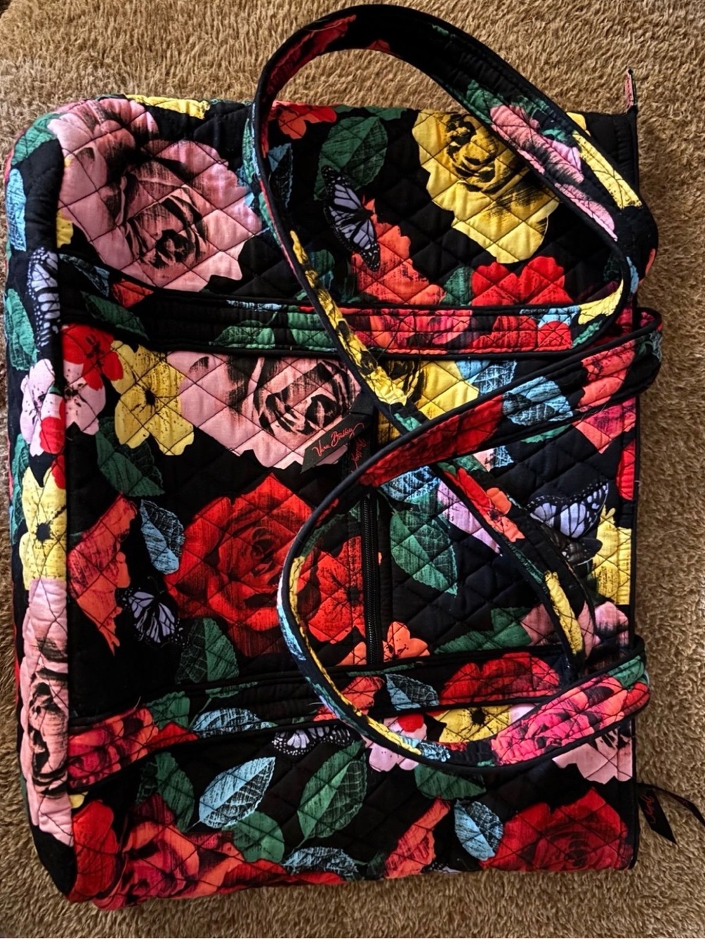 Vera Bradley Black Multi Floral Quilted Tote with Colorful Roses
